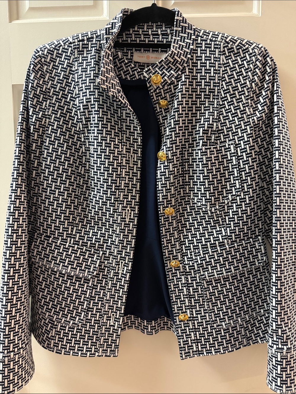 Tory Burch Navy and White Tweed Collarless Blazer with Gold Buttons